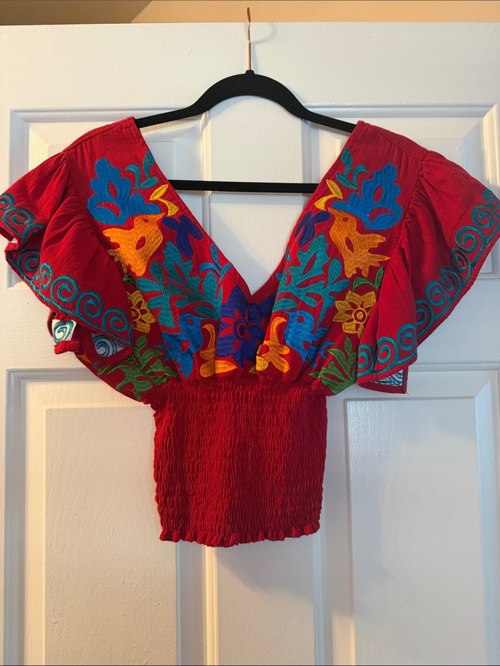 Red Embroidered V-Neck Women's Top